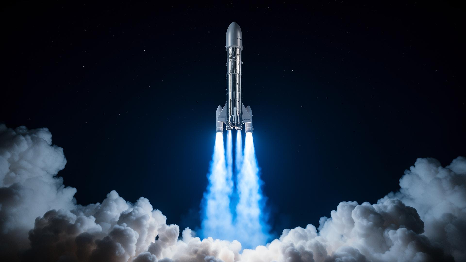 Razzo SpaceX in fase di lancio notturno con fiamme blu